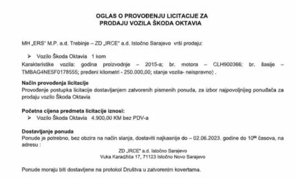 IRCE: Oglas o provođenju licitacije za prodaju vozila Škoda Oktavia