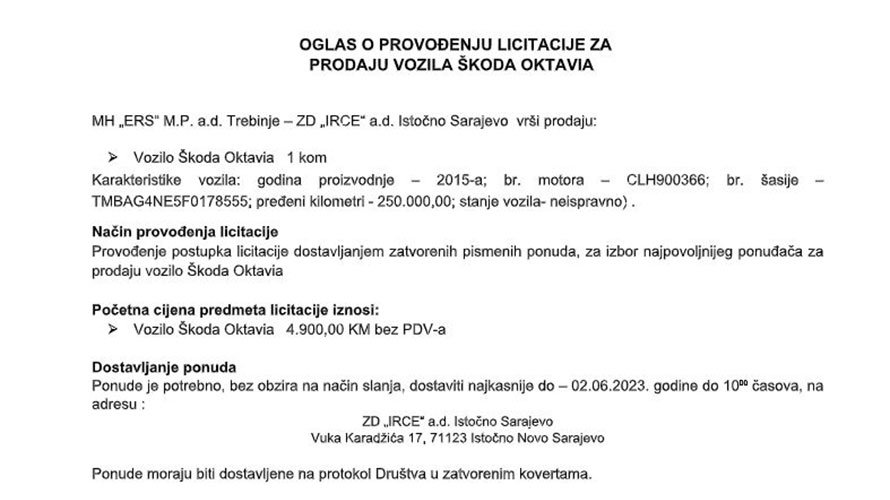 IRCE: Oglas o provođenju licitacije za prodaju vozila Škoda Oktavia